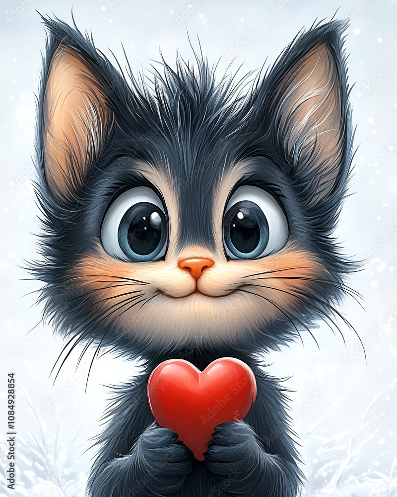 Fototapeta premium A cartoon cat holding a red heart. The cat is cute and happy, and the heart symbolizes love and affection