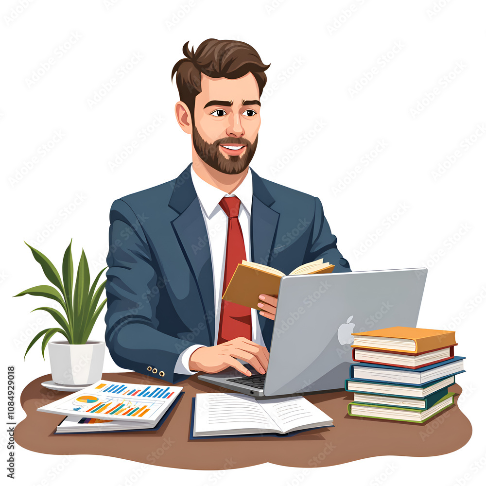 Focused professional engaging in research and analysis with technology and resources, digital illustration of character study concept. Focused professional engaging in research and analysis with technology and resources, digital illustration of character study concept.