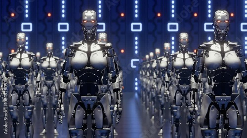 Army of Humanoid robots with red glowing eyes standing in multiple rows ready to march, Battle or attack inside a futuristic sci fi facility