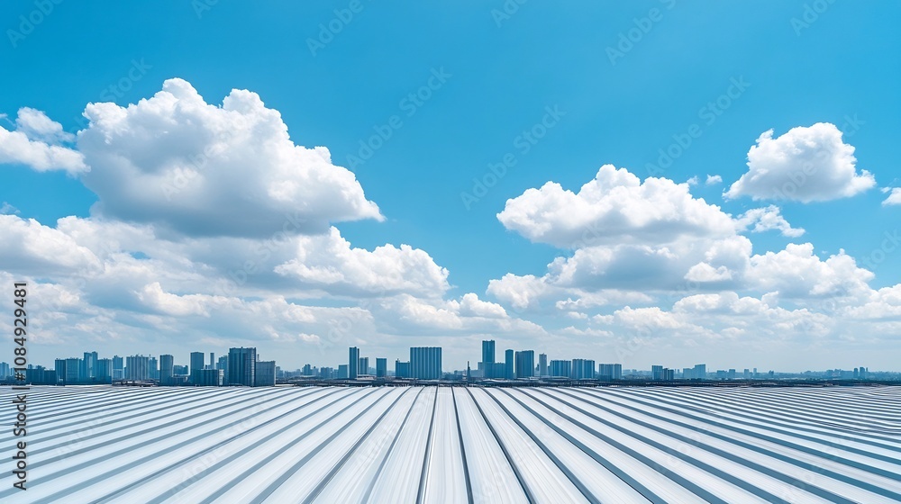 Expansive Industrial Cityscape with Reflective Metallic Rooftops and Towering Skyscrapers Expansive Industrial Cityscape with Reflective Metallic Rooftops and Towering Skyscrapers