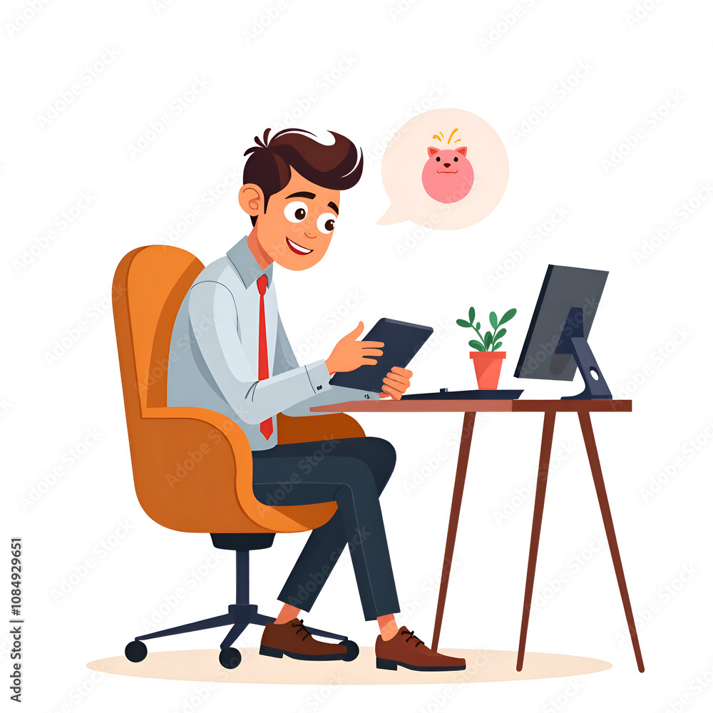 Cheerful businessman engaged with digital device in modern workspace with a playful cartoon element, digital illustration of character design concept. Cheerful businessman engaged with digital device in modern workspace with a playful cartoon element, digital illustration of character design concept.