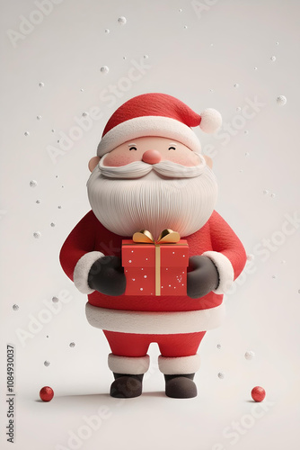 Adorable cartoon-style Santa Claus smiling warmly while holding a red gift box with a golden ribbon, perfect for festive themes.
