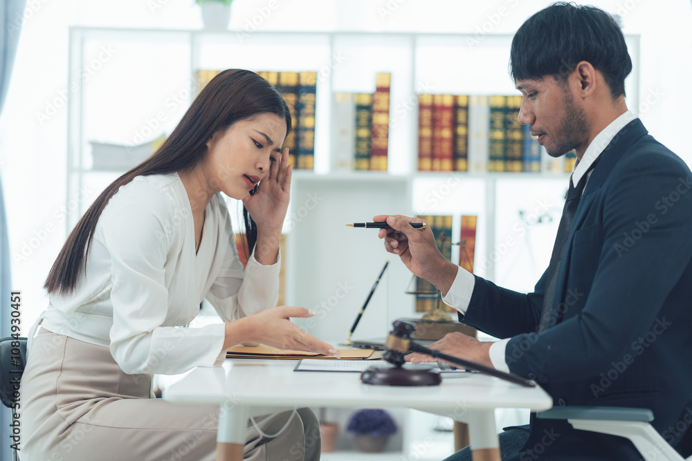 Legal Consultation: A woman sits across from a lawyer, looking worried and stressed as he speaks. The lawyer holds a pen and gavel, emphasizing the serious nature of the legal consultation. Legal Consultation: A woman sits across from a lawyer, looking worried and stressed as he speaks. The lawyer holds a pen and gavel, emphasizing the serious nature of the legal consultation.