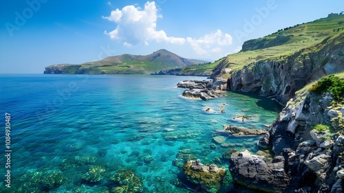 A picturesque view of the coast of Ricorda Island on a sunny September day, featuring clear blue waters gently lapping against rocky shores and vibrant green hills. photo