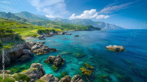 A picturesque view of the coast of Ricorda Island on a sunny September day, featuring clear blue waters gently lapping against rocky shores and vibrant green hills. 