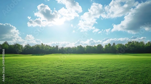 green grass field with trees in background