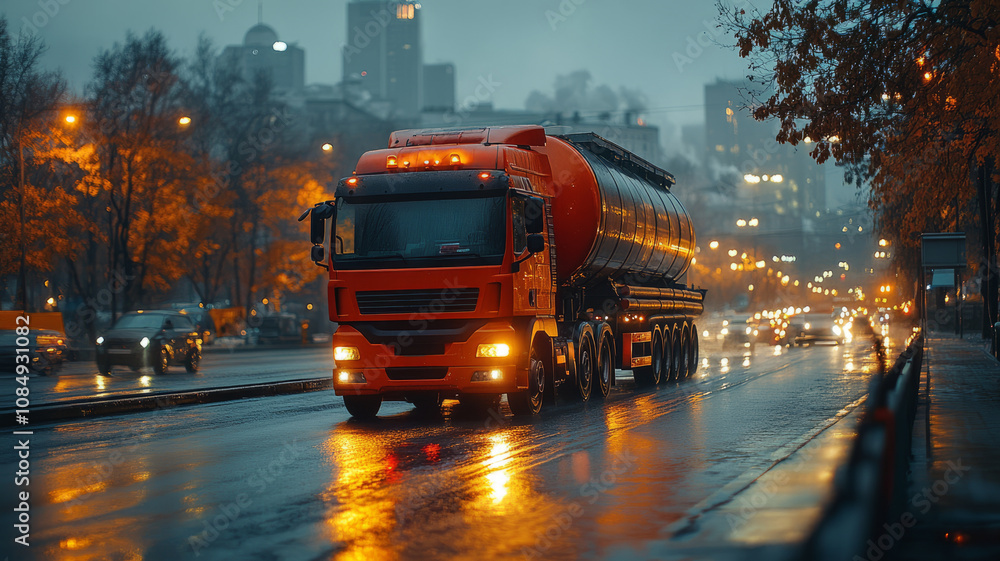 Fuel truck on a highway, transporting fuel with a focus on safety Fuel truck on a highway, transporting fuel with a focus on safety