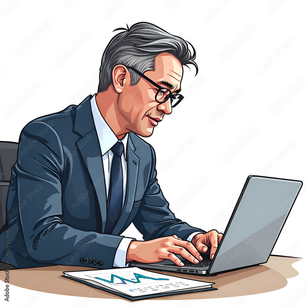 Focused business analyst working on financial data with laptop in modern office environment, digital illustration of business professional concept. Focused business analyst working on financial data with laptop in modern office environment, digital illustration of business professional concept.