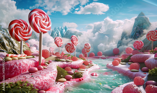 A fantasy realm of sweet delights, featuring enormous lollipops and vibrant candy canes in a playful setting