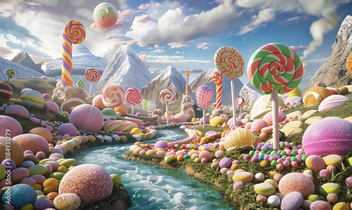 A dreamy candyland filled with oversized gumdrops, spiral lollipops, and towering candy canes