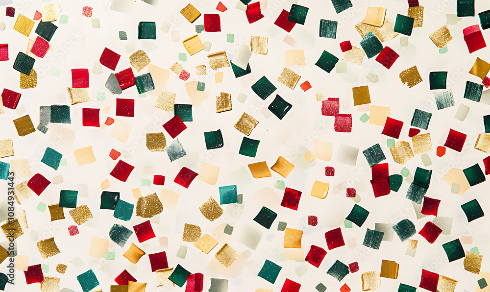 A festive holiday design with red, green, and gold squares scattered across a clean white canvas A festive holiday design with red, green, and gold squares scattered across a clean white canvas