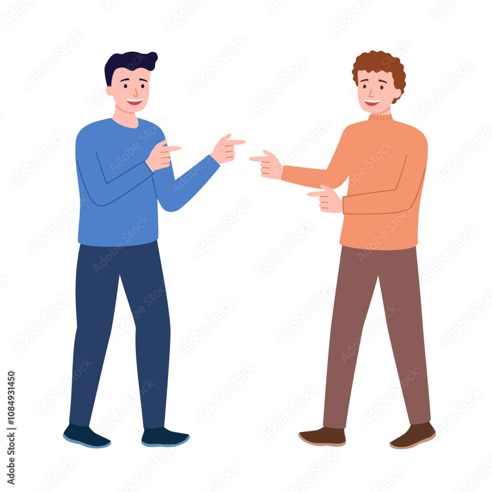 Male friends casual greeting character in flat design on white background. Male friends casual greeting character in flat design on white background.
