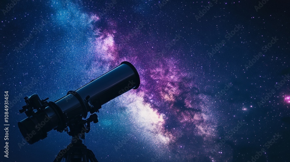 Fototapeta premium A contemplative astronomy observatory under a starry sky, Telescopes pointed at celestial objects, Cinematic photography style