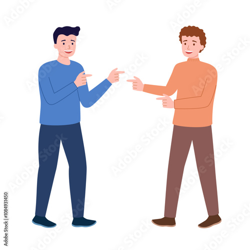 Male friends casual greeting character in flat design on white background.