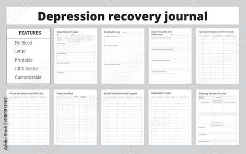 Depression Recovery Journal Logbook With Mindfulness And Self-Care Practices - Vector Illustration