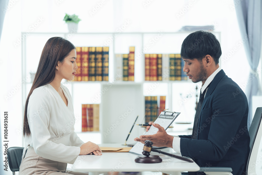 Legal Consultation: Focused discussion between a lawyer and client. Serious and professional atmosphere in a law office. Legal Consultation: Focused discussion between a lawyer and client. Serious and professional atmosphere in a law office.
