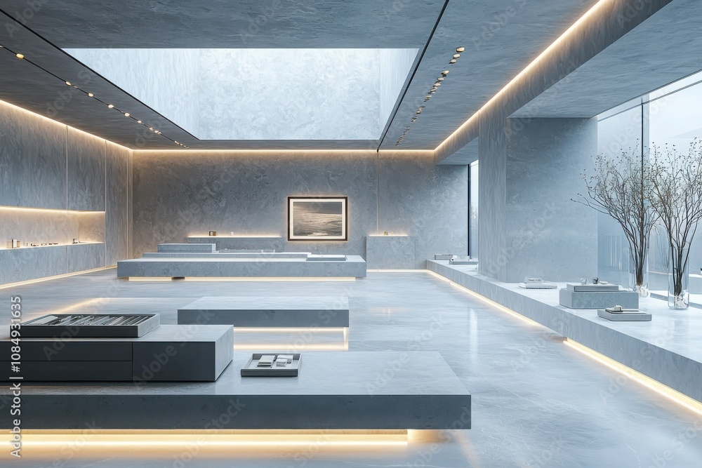 Obraz premium Showcasing a minimalist drawer gray gallery interior modern art space sleek environment contemporary viewpoint design concept for inspiration