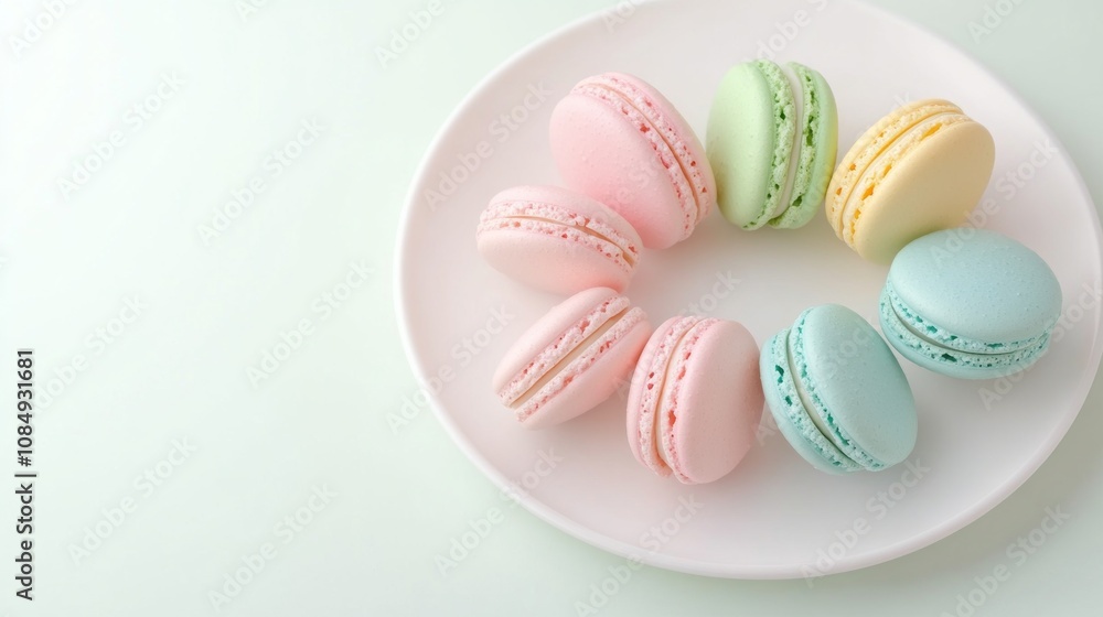 A colorful arrangement of pastel macarons on a white plate, showcasing a delightful assortment of flavors and textures. A colorful arrangement of pastel macarons on a white plate, showcasing a delightful assortment of flavors and textures.