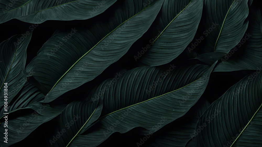 A close up of green leaves with a dark background A close up of green leaves with a dark background