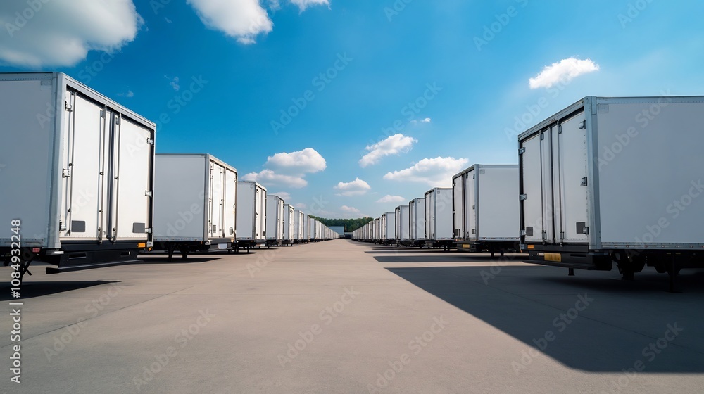Rows of Parked Trailers at a Logistics Hub for Industrial Supply Chain Rows of Parked Trailers at a Logistics Hub for Industrial Supply Chain