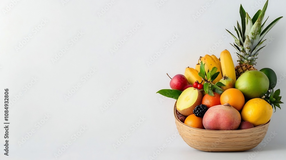 Vibrant Tropical Fruit Basket on Pure White Background Vibrant Tropical Fruit Basket on Pure White Background