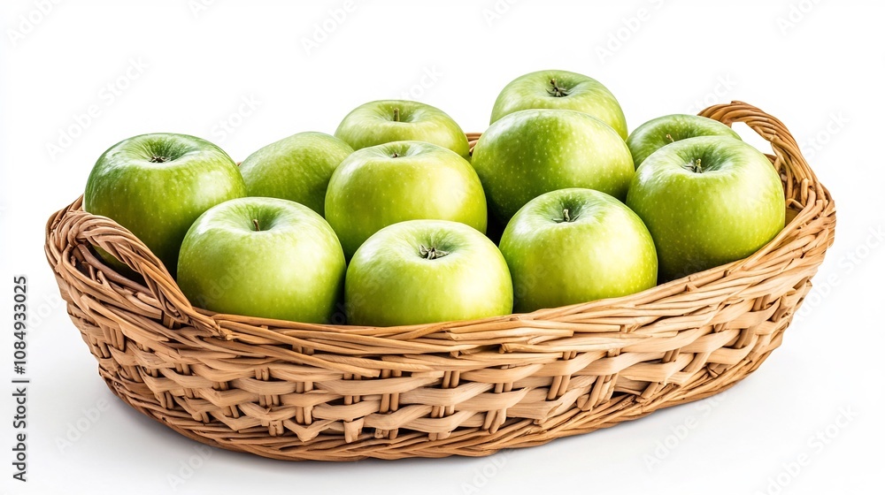 Basket Filled with Fresh Green Apples on a Clean White Background Basket Filled with Fresh Green Apples on a Clean White Background