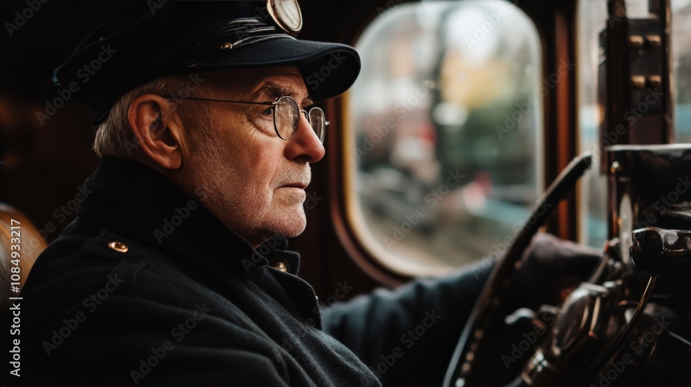 Train Conductor Operating Locomotive Close-Up Portrait Train Conductor Operating Locomotive Close-Up Portrait