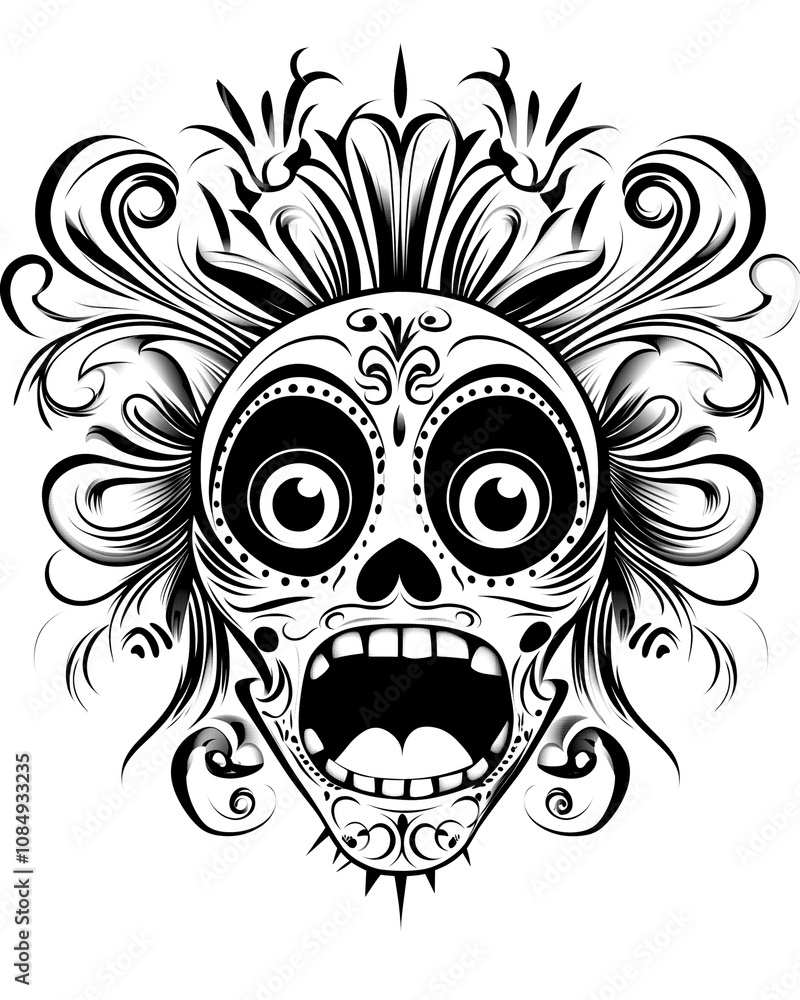 Fototapeta premium A black and white drawing of a skull with a mouth open and eyes wide open. The skull is surrounded by flowers and has a creepy, scary appearance