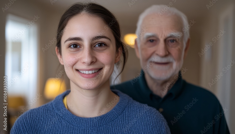 Young woman smiles warmly with older man in cozy indoor setting during afternoon light Young woman smiles warmly with older man in cozy indoor setting during afternoon light