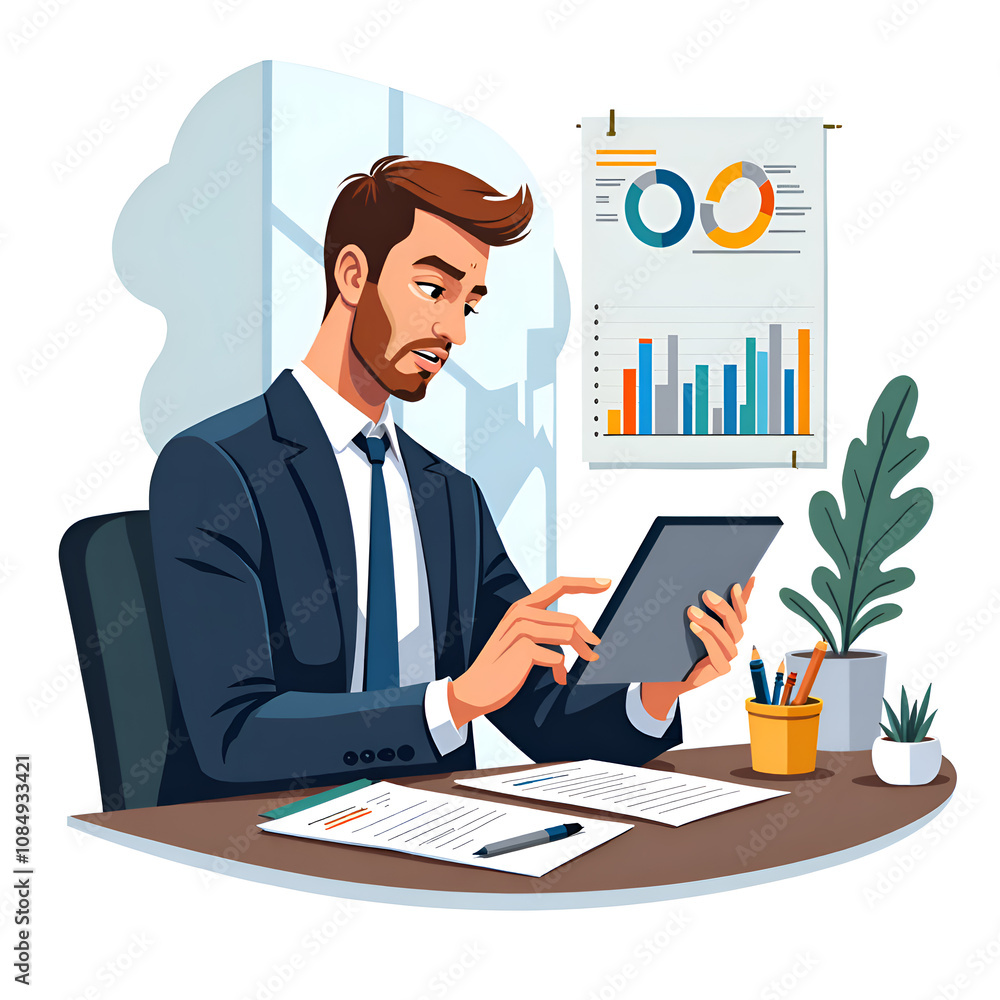 Focused business professional analyzing data on a tablet in a modern office environment, digital illustration of business analysis concept. Focused business professional analyzing data on a tablet in a modern office environment, digital illustration of business analysis concept.