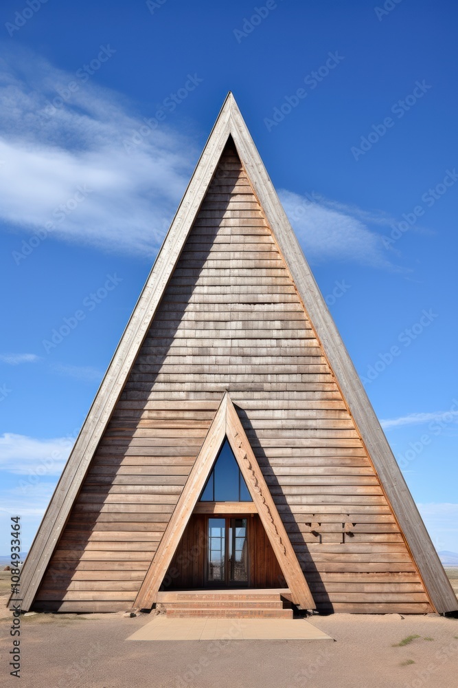 photograph of Triangle shape wooden building with a blue sky photograph of Triangle shape wooden building with a blue sky