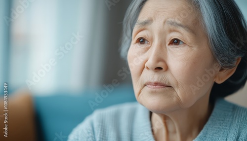 Elderly woman in soft sweater reflecting thoughtfully indoors at home during daytime