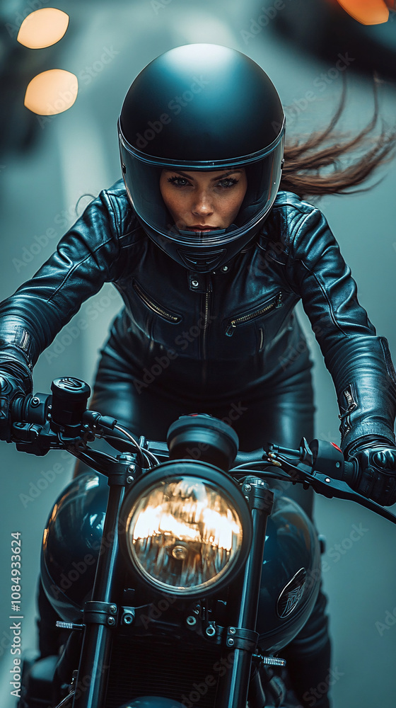 a woman wearing a leather suit and black biker helmet, riding a huge motorbike, on a bike circuit in the south france, from a 10 meters high point of view, with a slow shutter speed a woman wearing a leather suit and black biker helmet, riding a huge motorbike, on a bike circuit in the south france, from a 10 meters high point of view, with a slow shutter speed