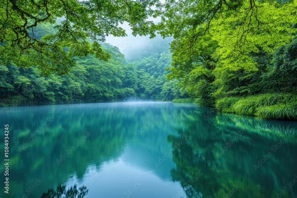 Quiet forest lake at dawn, light mist above the water, capturing a peaceful and calming morning view with lush trees all around Quiet forest lake at dawn, light mist above the water, capturing a peaceful and calming morning view with lush trees all around