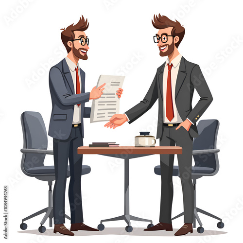 Two business professionals engaging in a collaborative discussion with documents at a modern office table, digital illustration of business interaction concept.