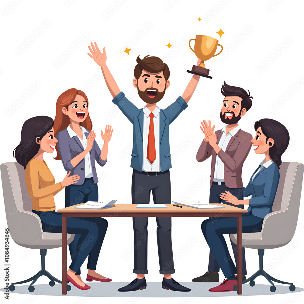 Obraz premium Team celebrating success after achieving their goals with a trophy and smiles, digital illustration of celebration concept.