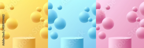 Set of 3D pink, yellow, blue cylindrical product podium background with floating bubble or bounce ball. Abstract minimal mockup, Product display presentation, Stage showcase. Platforms vector design.