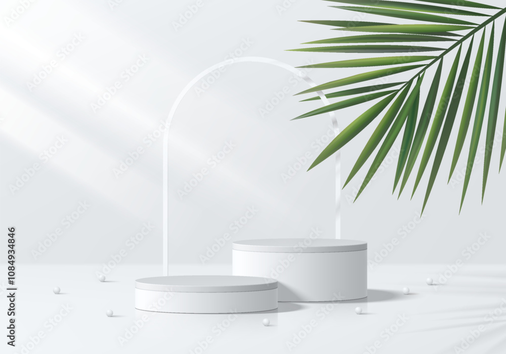 Realistic white 3D cylindrical podium background with palm leaf, Arch frame backdrop scene. Minimalist mockup pedestal, Abstract product display presentation, Stage showcase. Platforms vector design. Realistic white 3D cylindrical podium background with palm leaf, Arch frame backdrop scene. Minimalist mockup pedestal, Abstract product display presentation, Stage showcase. Platforms vector design.
