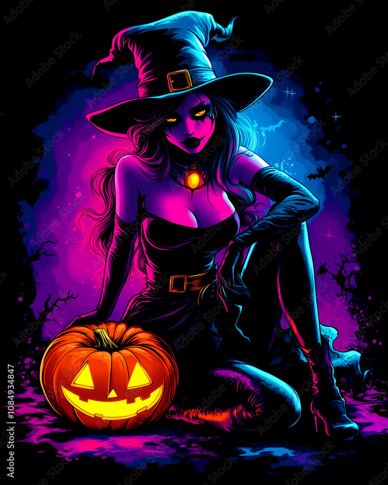A woman in a witch costume sits on the ground with a pumpkin in front of her. The pumpkin has a smiley face on it A woman in a witch costume sits on the ground with a pumpkin in front of her. The pumpkin has a smiley face on it