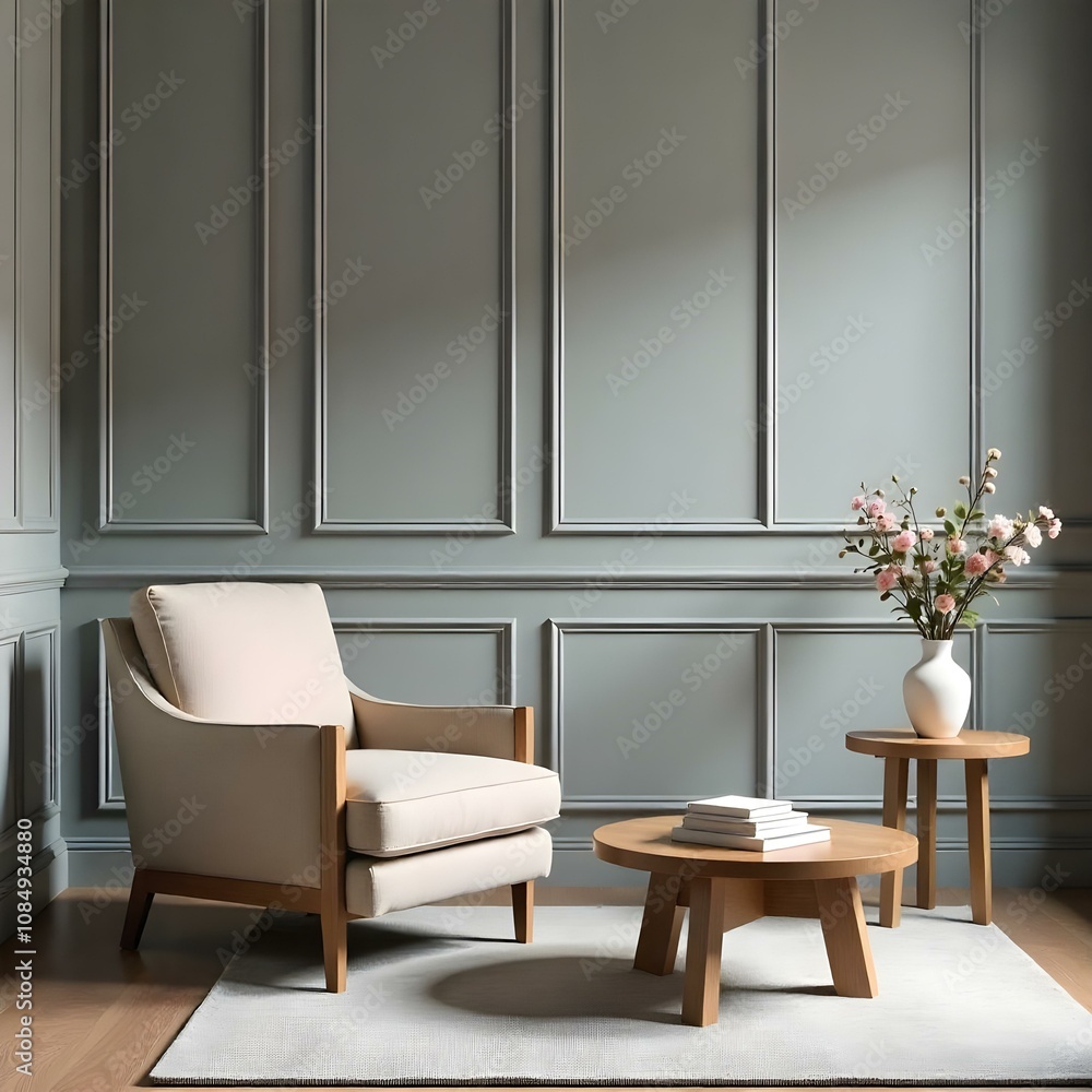 A modern living room with gray paneled walls, a beige armchair, a round wooden coffee table, and a vase with flowers on a side table A modern living room with gray paneled walls, a beige armchair, a round wooden coffee table, and a vase with flowers on a side table
