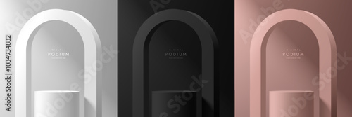 Set of 3D cylindrical podium background in black, silver, rose gold with arch frame backdrop. Abstract minimalist mockup pedestal, Product display presentation, Stage showcase. Platforms vector design