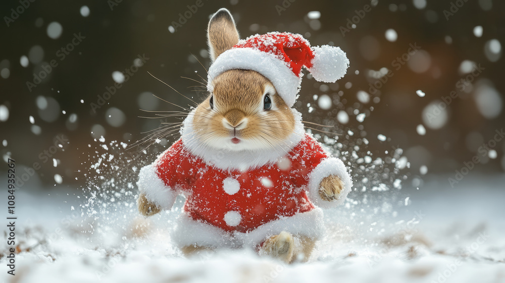 Rabbit Dressed in Santa Suit Frolicking in Snow Rabbit Dressed in Santa Suit Frolicking in Snow