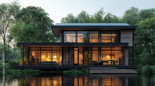 Innovative visionary solar-powered dwelling showcasing intelligent design nature retreat modern living concept