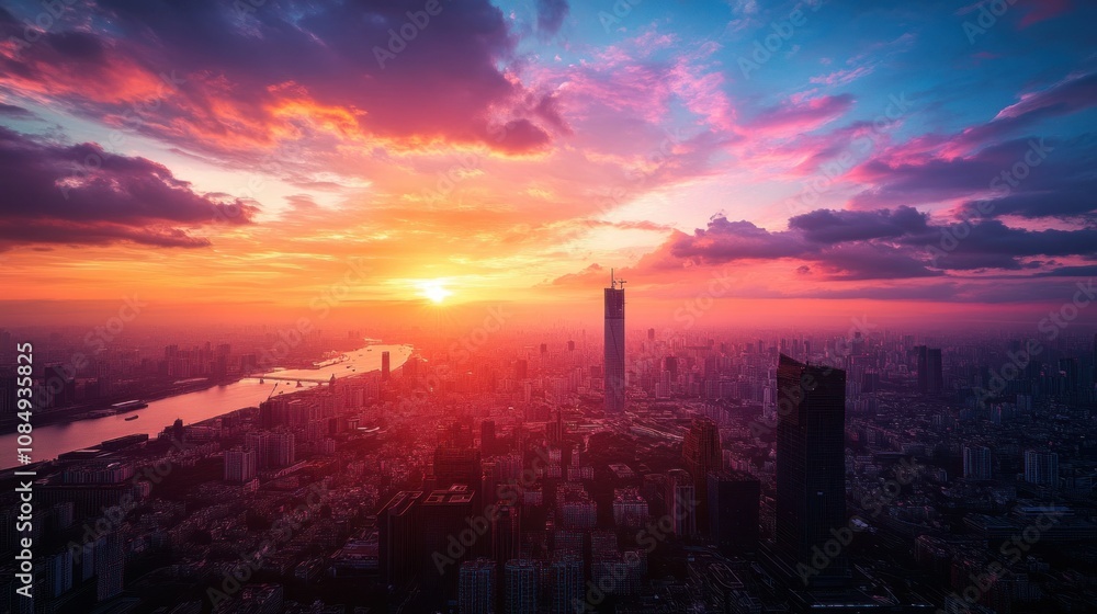 Cityscape at Sunset with a Tall Building and River Cityscape at Sunset with a Tall Building and River