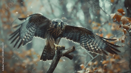 A majestic hawk spreads its wings while perched on a branch in a misty forest, showcasing its natural beauty.