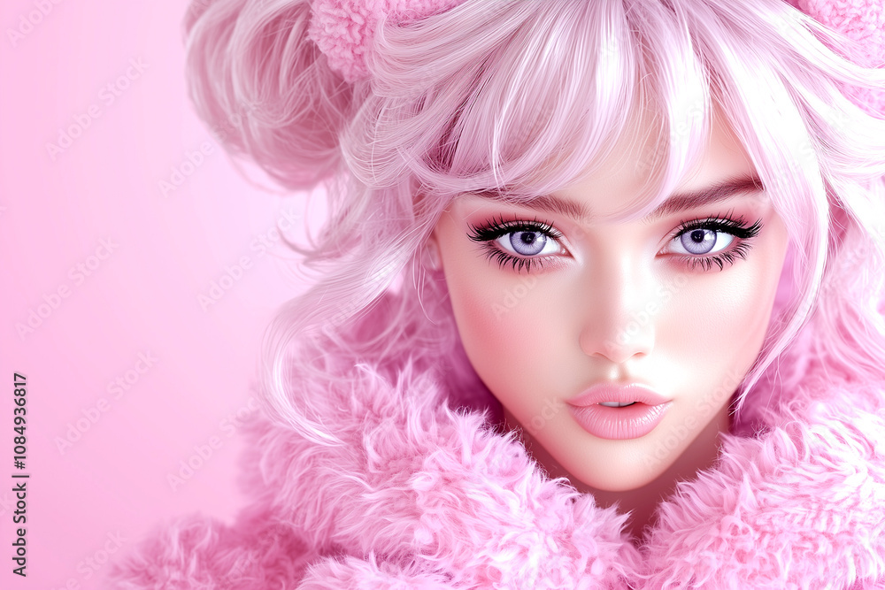 A woman with pink hair and pink clothing is posing for a photo. The pink color scheme gives the image a playful and fun mood A woman with pink hair and pink clothing is posing for a photo. The pink color scheme gives the image a playful and fun mood