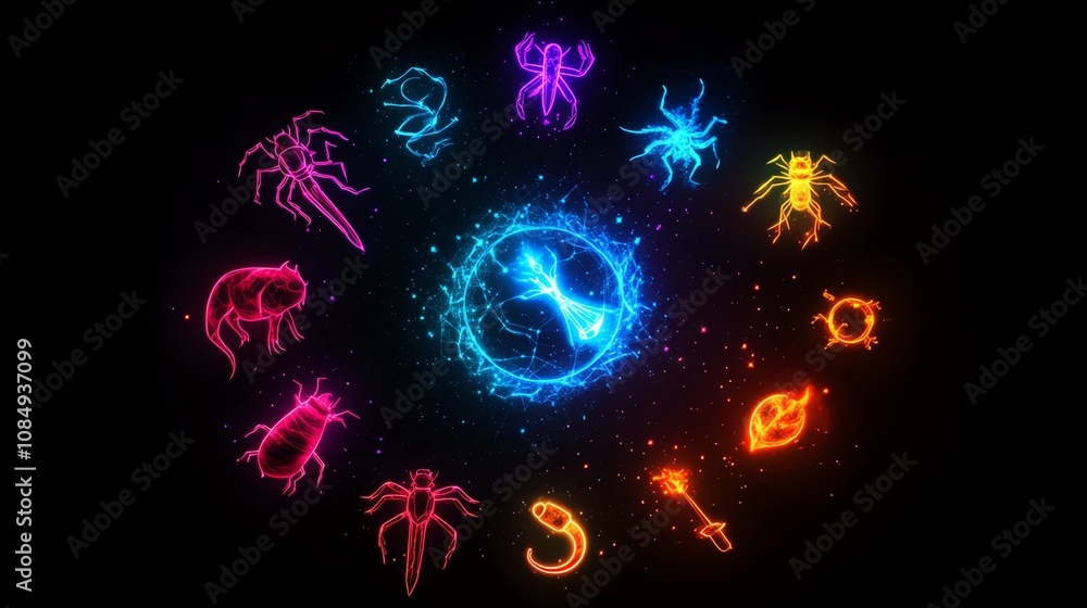 Colorful zodiac signs glowing on a black background. Colorful zodiac signs glowing on a black background.
