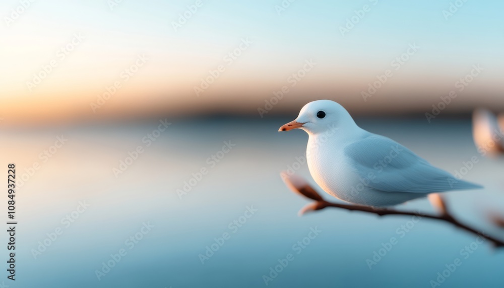 Obraz premium A serene white bird perched on a branch overlooking a tranquil lake at sunset