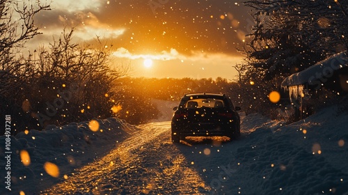 dilyc winter background in dusk with sunset, winter road, snow is falling. Modern car is parked in the distance and the glasses of the car are frozen. 