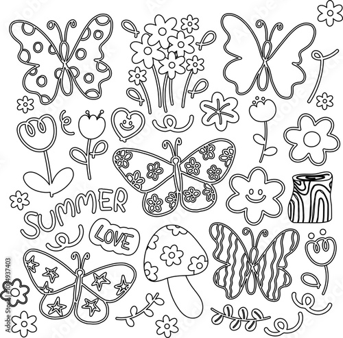 Cute spring and summer outlines of butterfly, flowers, mushroom, wood for nature, garden, floral print, blossom, animal print, forest, patches, sticker, picnic, park, kid colouring book, art, painting